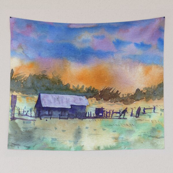 Item preview, Impressionist farm landscape in watercolour designed and sold by darrenyeoart.