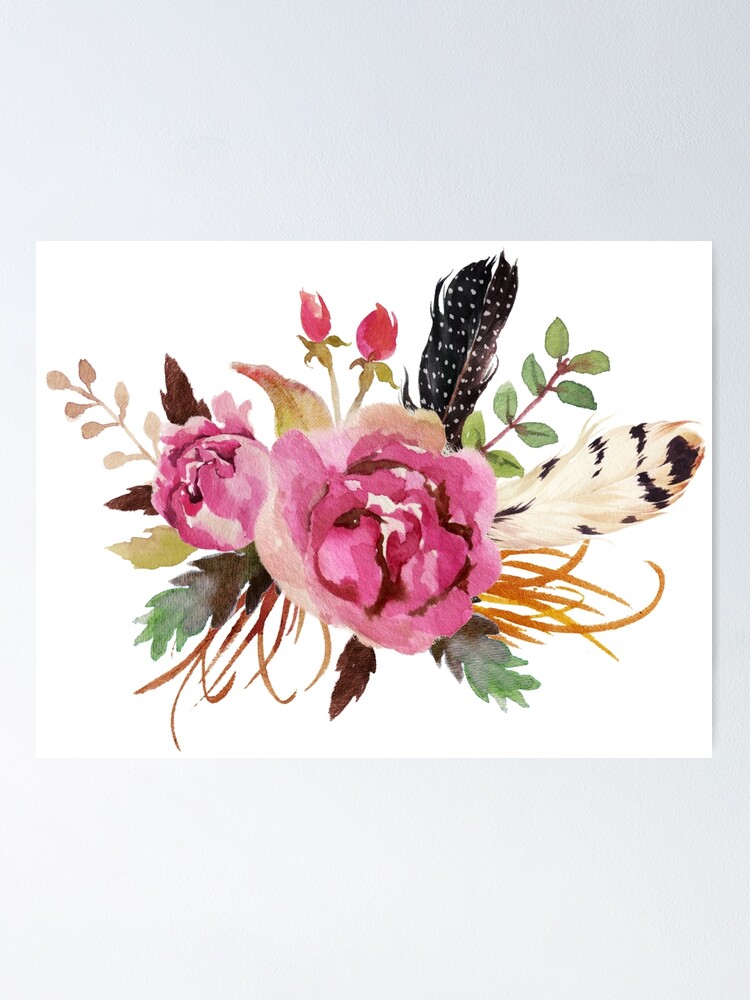Burgundy Watercolor Flowers and Feathers | Poster