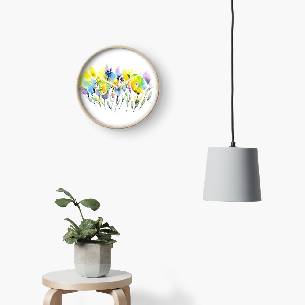 Spring Flowers - Purple Yellow and Green Clock