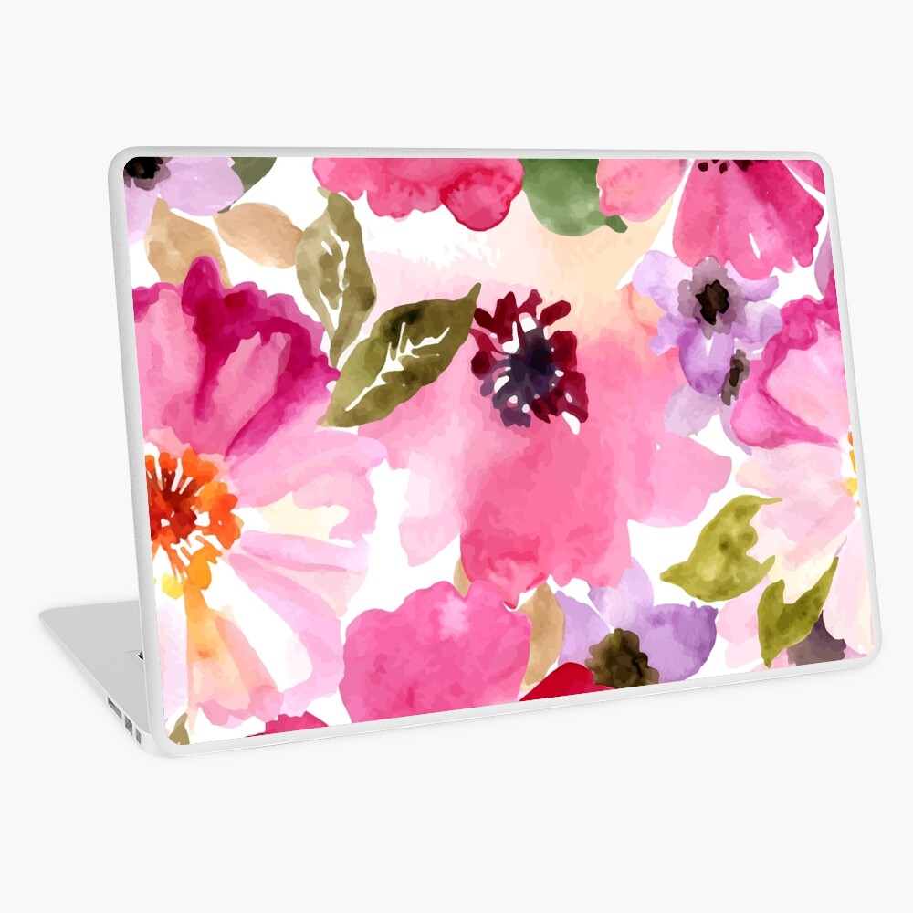 Watercolor Flowers Pink Fuchsia Laptop Skin