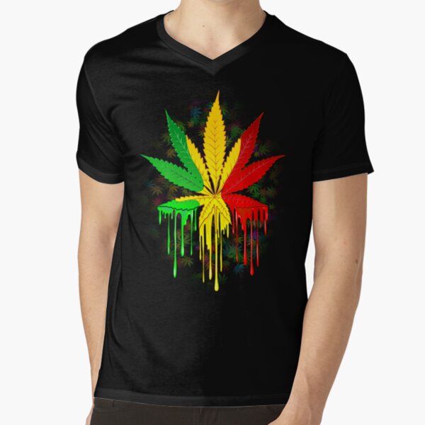 Leaf Rasta Colors Dripping Paint V-Neck T-Shirt
