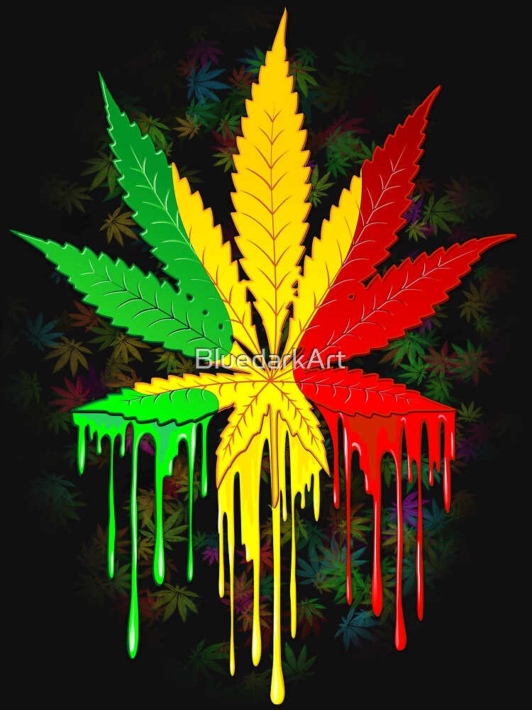 "Marijuana Leaf Rasta Colors Dripping Paint" T-shirt by BluedarkArt
