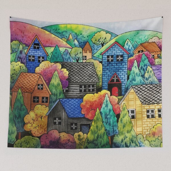 Item preview, Hillside Village Colorful Art In Watercolor  designed and sold by Oirabot.