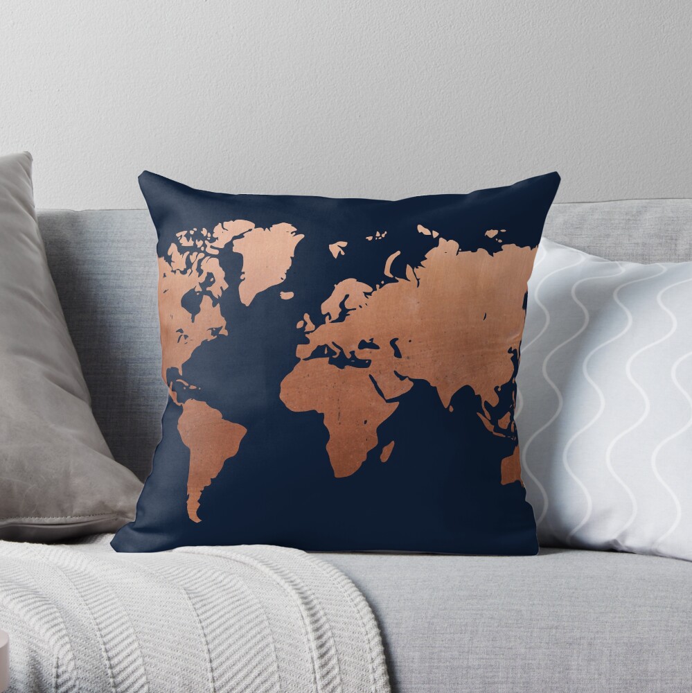 World map - Navy blue and copper Throw Pillow