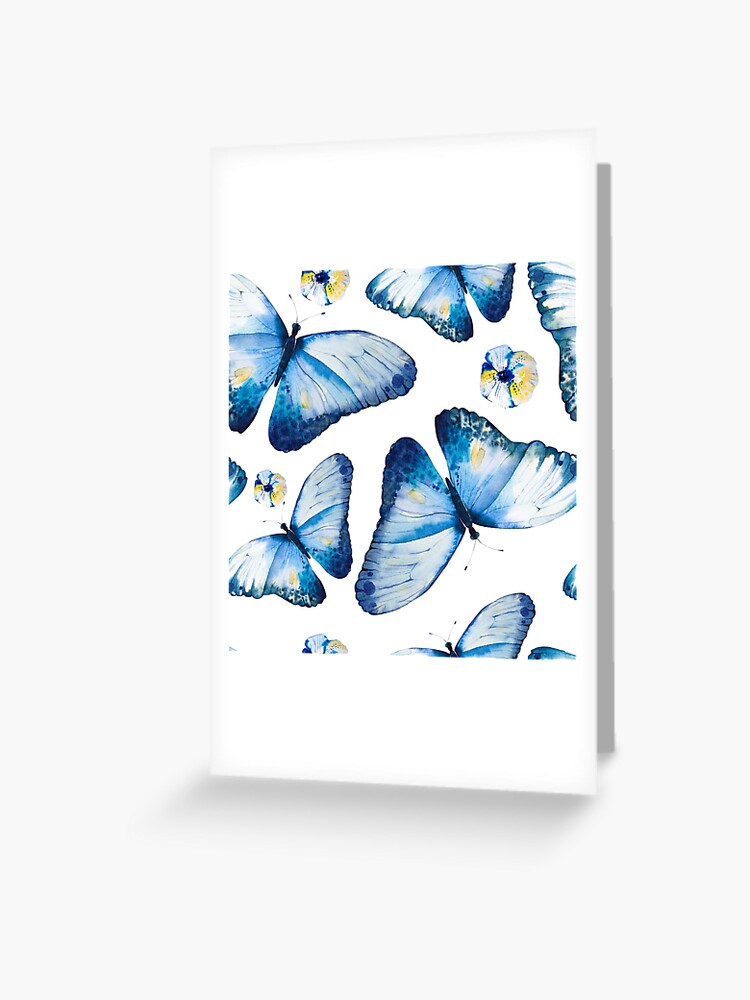 Beautiful big butterflies and pansies in blue tones, fun bold animal print  design in blue and pale yellow, classic statement fashion clothing, soft