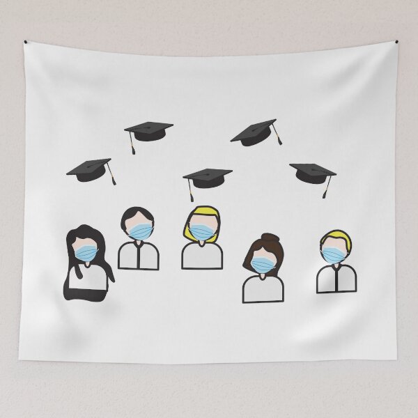Item preview, Class of 2020 Graduation - Characters with Face Masks Looking at Flying Graduation Caps designed and sold by sigdesign.