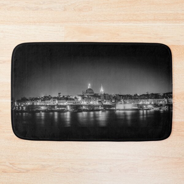 Item preview, Malta Panorama – Valetta Night Cityscape BW designed and sold by lesslinear.