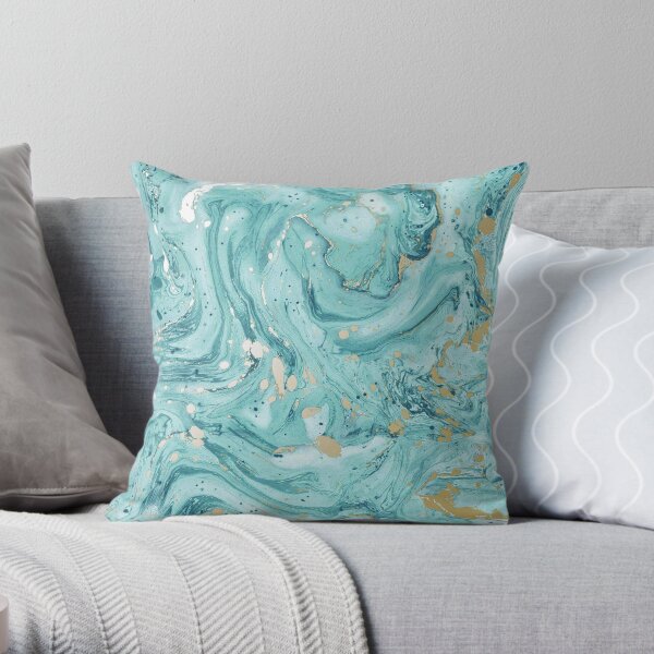 Marble Design - Gold Effect - Turquoise Blue, Teal Marbling Throw Pillow