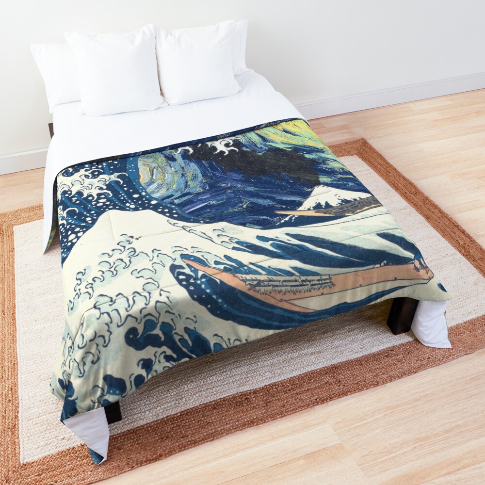 Starry Night Over the Great Wave Off Kanagawa-Hokusai and Vincent Van Gogh Comforter