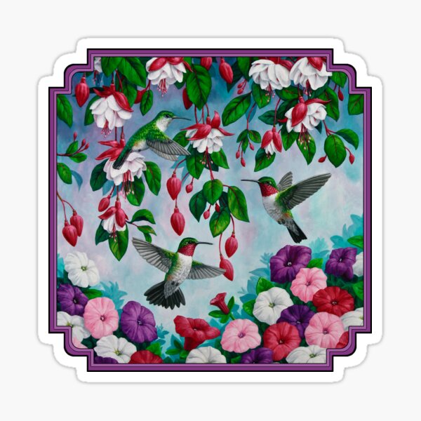 Hummingbirds and Fuchsias Purple Sticker
