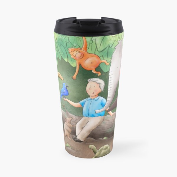 Cute David Attenborough Illustration with elephant, orangutan, tortoise, turtle, snake, armadillo, leopard, snake and tapir Travel Mug