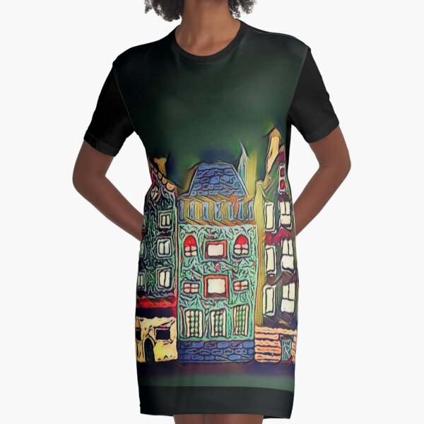 Tiny town night scene painting Graphic T-Shirt Dress