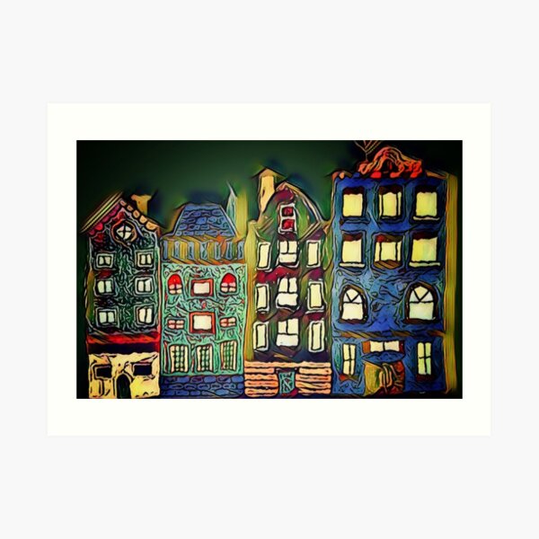 Tiny town night scene painting Art Print