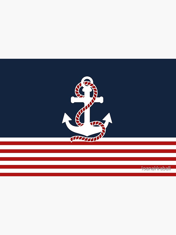 Discover Nautical Red White Stripes And Red Anchor On Blue Background Bath Mat