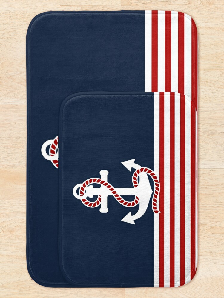Discover Nautical Red White Stripes And Red Anchor On Blue Background Bath Mat