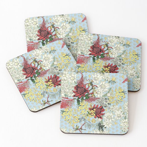 Item preview, Australian flowers scattered on sky blue. designed and sold by Kate Twohig.