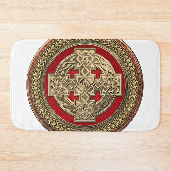 Item preview, Golden Celtic Knot Cross over Red with Gold Medallion over White Leather designed and sold by Serge Averbukh Art Studio.