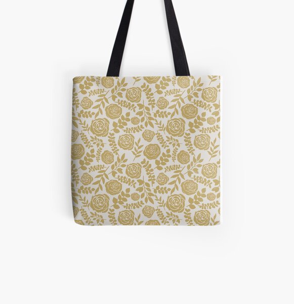 Gold Ink Floral Pattern All Over Print Tote Bag
