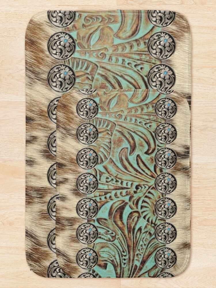 Alternate view of Rustic brown cowhide teal western country tooled leather Bath Mat