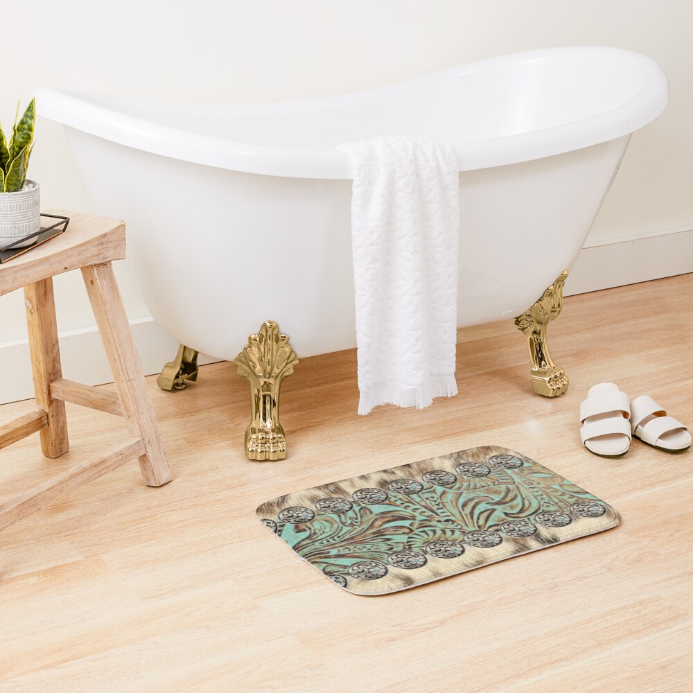 Rustic brown cowhide teal western country tooled leather Bath Mat