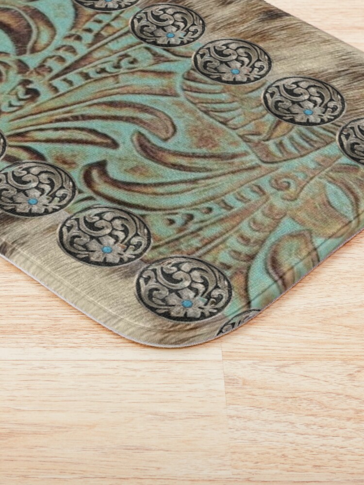 Alternate view of Rustic brown cowhide teal western country tooled leather Bath Mat