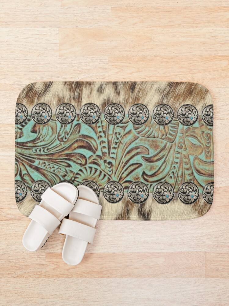 Alternate view of Rustic brown cowhide teal western country tooled leather Bath Mat