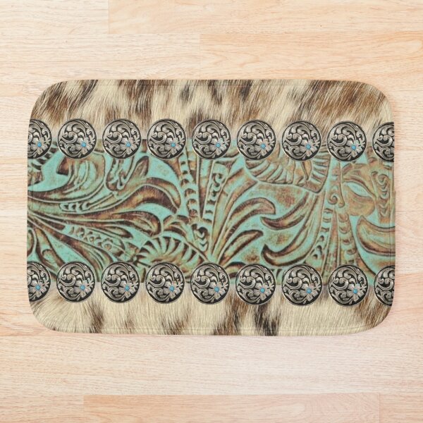 Rustic brown cowhide teal western country tooled leather Bath Mat