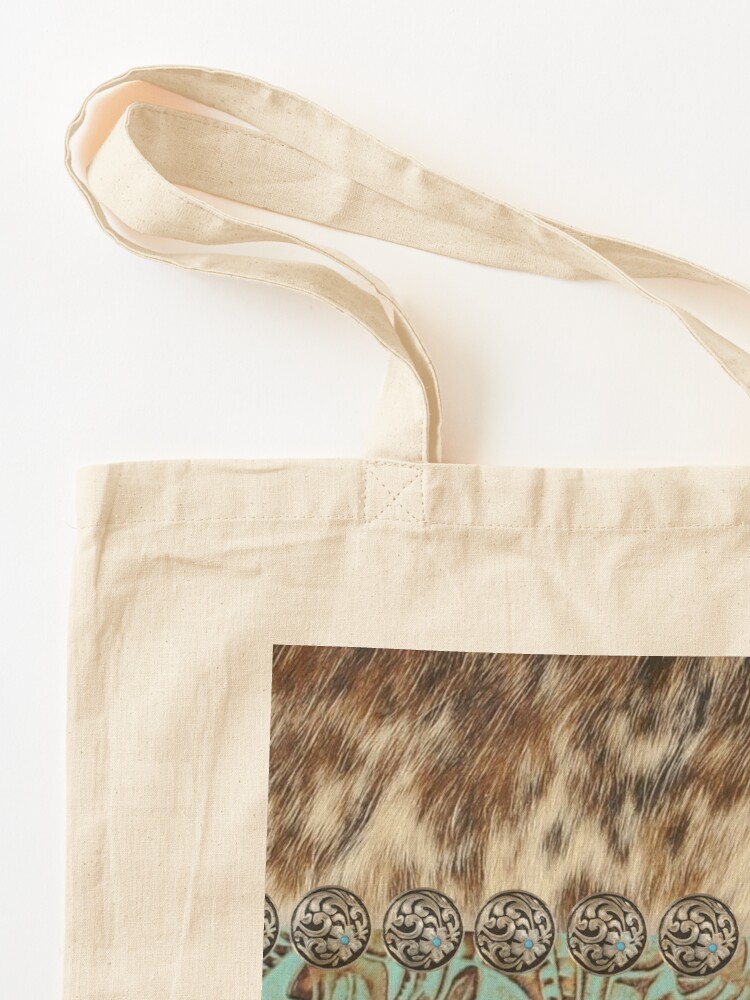 Alternate view of Rustic brown cowhide teal western country tooled leather Tote Bag