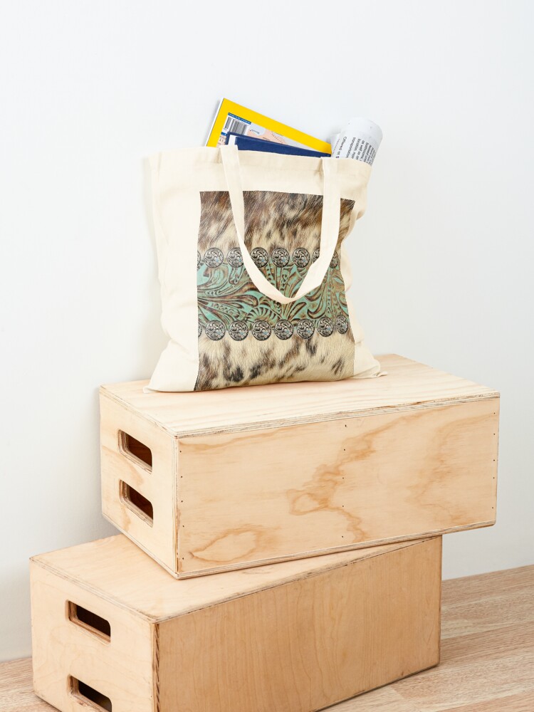 Alternate view of Rustic brown cowhide teal western country tooled leather Tote Bag