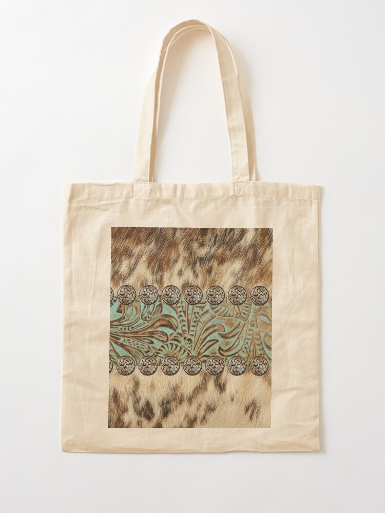 Alternate view of Rustic brown cowhide teal western country tooled leather Tote Bag