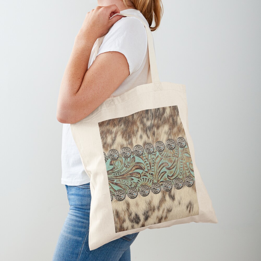 Rustic brown cowhide teal western country tooled leather Tote Bag