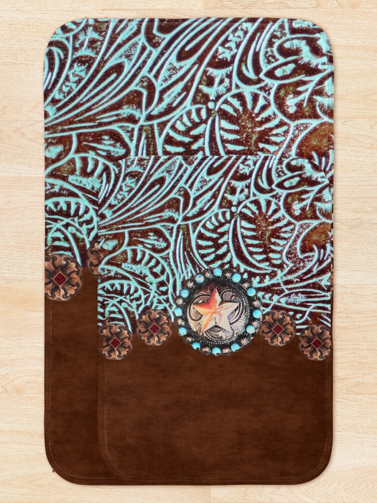 Alternate view of Primitive cowboy cowgirl western country brown turquoise leather Bath Mat
