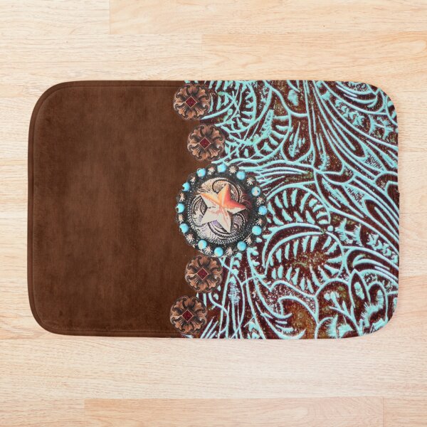 Primitive cowboy cowgirl western country brown turquoise Bath Mat