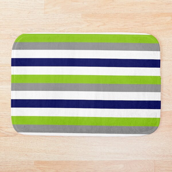 Broad Stripes in Lime Green, Bright Navy Blue, White, and Grey - Cheerful Minimalist Color Block Pattern Bath Mat