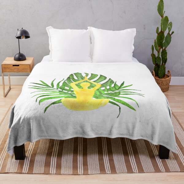 Item preview, yoga yellow lotus pose on the background of tropical leaves designed and sold by gata-iris.