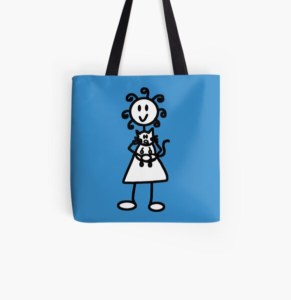The Girl with the Curly Hair Holding Cat - Blue All Over Print Tote Bag