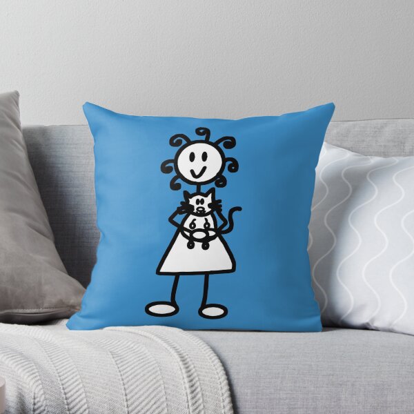 The Girl with the Curly Hair Holding Cat - Blue Throw Pillow