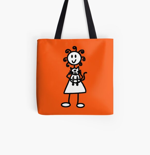 The Girl with the Curly Hair Holding Cat - Orange All Over Print Tote Bag