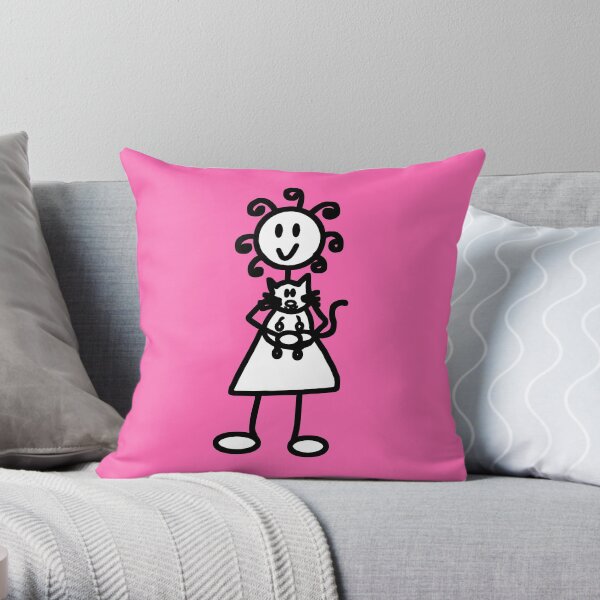 The Girl with the Curly Hair Holding Cat - Pink Throw Pillow
