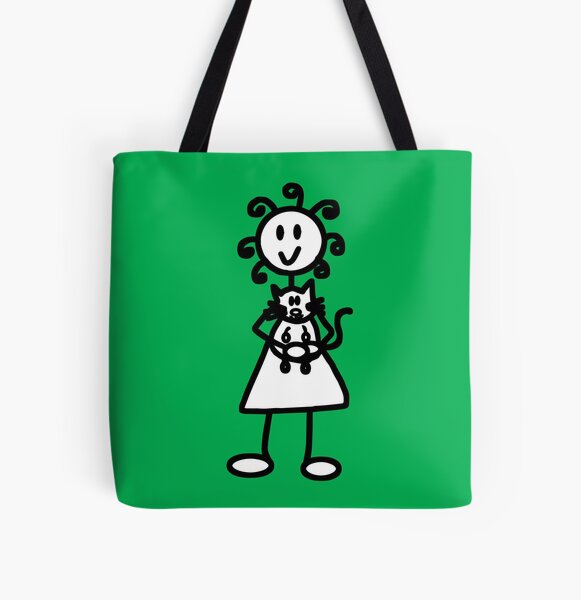 The Girl with the Curly Hair Holding Cat - Green All Over Print Tote Bag