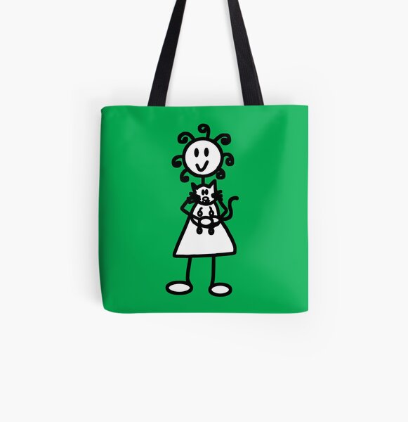 The Girl with the Curly Hair Holding Cat - Green All Over Print Tote Bag