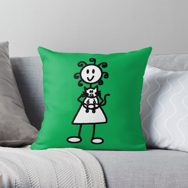 The Girl with the Curly Hair Holding Cat - Green Throw Pillow