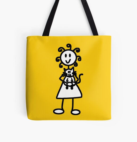 The Girl with the Curly Hair Holding Cat - Yellow All Over Print Tote Bag