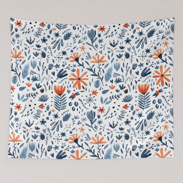 Item preview, Winter blue and orange watercolor folk flowers designed and sold by CrisBanana.