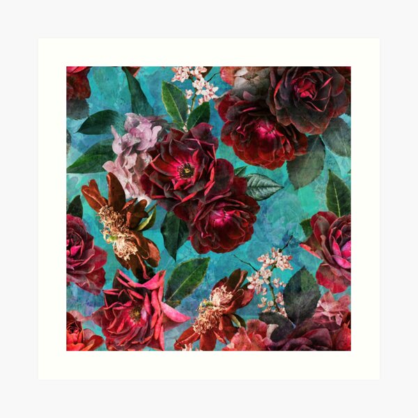 Turquoise Vintage Summer Roses Garden Art Print