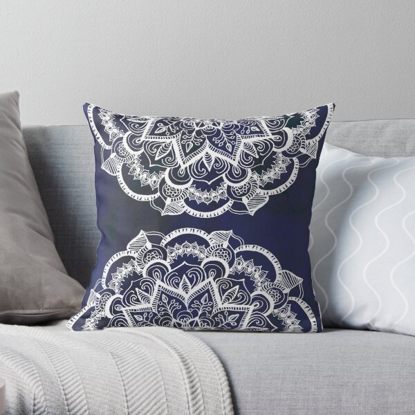 White Feather Mandala on Navy Throw Pillow
