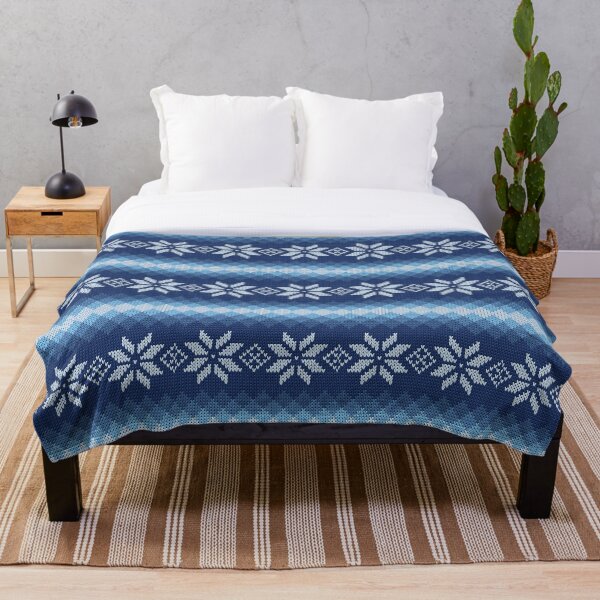 Pattern Norway Sweden Knitted Knitted Blue White Throw Blanket