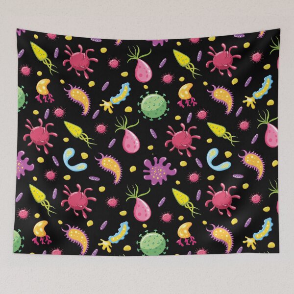 Item preview, Microbios y gérmenes de dibujos animados sobre fondo negro. designed and sold by Pink Pineapple Works.