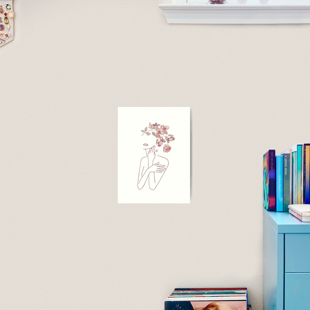 Minimal Line Art Drawing Woman With Roses Flowers Art Print