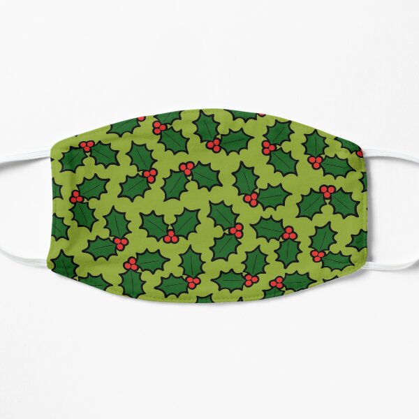 Holly Leaves and Berries Pattern in Light Green Flat Mask